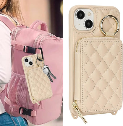 Crossbody Wallet Case for iPhone 14, PU Leather Zipper Handbag Purse Flip Cover, Kickstand Folio Case with Card Slots Holder Wrist Strap Lanyard 5G 6.1 Inch-White