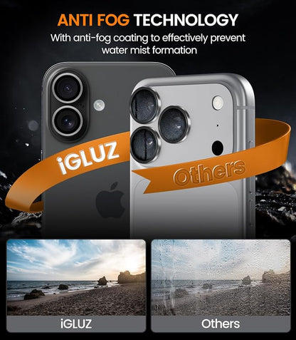 iGluz 2 Pack Anti-Reflection Camera Lens Protector for iPhone 17/16/16 Plus [98% Transmittance][1-Step Installation][Strong Adsorption] 9H Shatterproof Tempered Glass-Black