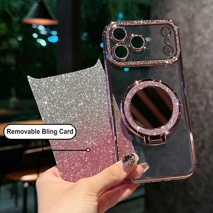 for iPhone 17 Pro Magnetic KickStand, [Compatible with Magsafe] Shockproof Glitter Makeup Mirror Ring Holder Camera Protector Girls Woman Cute Bling Phone Cover for iPhone 17 Pro 6.3", Orange