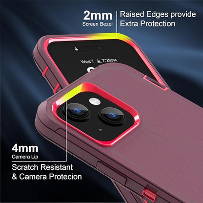 Sansunto for iPhone 16e Case, Protective Cover for 13, 14, 15, 16E 6.1", Heavy Duty Shockproof Drop Proof 3 in 1 Silicone Rubber Cover, Rugged Hybrid Durable Phone Cases for Women (Burgundy)