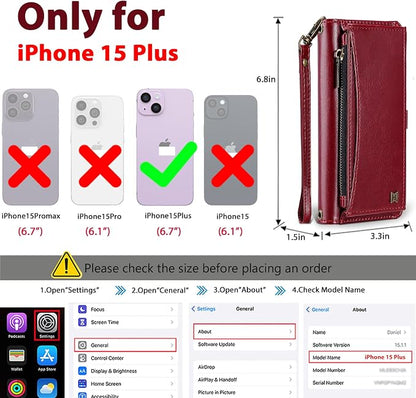 Wallet Case for iPhone 15 Plus with Card Holder/Crossbody Wallet/Strap| RFID Blocking | Magnetic | Kickstand | Detachable | PU Leather Phone Case for iPhone 15 Plus,6.7 in,Wine Red