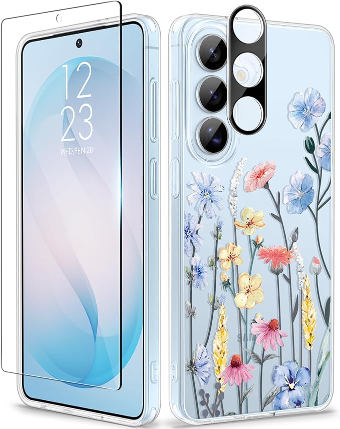 GVIEWIN for Samsung Galaxy S26 Plus Case, Clear Floral Slim Shockproof Protective Women Phone Case, Non-Yellowing, with Screen Protector&Camera Lens Protector for S26 Plus 6.7", Aconite/Light Blue