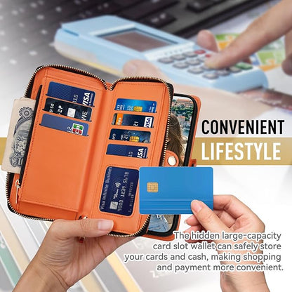 Rssviss Crossbody Case for iPhone 17 Pro Case Wallet, RFID Blocking Leather with Card Holder Kickstand, Handbag Zipper Flip Cover with Wrist Strap for iPhone 17 Pro Men Women 6.3", Orange