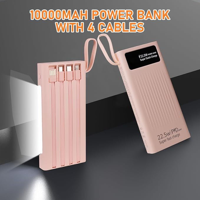 Portable Charger with Built in Cables,10000mAh Power Bank with LED Lamp Fast Charging 3.0 USB C External Battery Pack Phone Charger with LED Display for iPhone, Samsung and Cell Phones (Pink)
