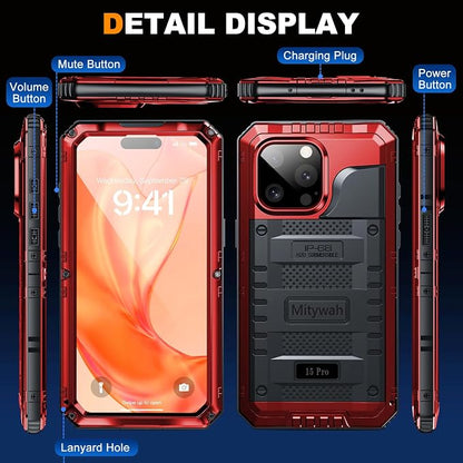 Mitywah Waterproof Case for iPhone 15 Pro, Heavy Duty Shockproof Case with Built-in Screen Protector, Full Body Underwater Protective Metal Case 6.1 inch, Red