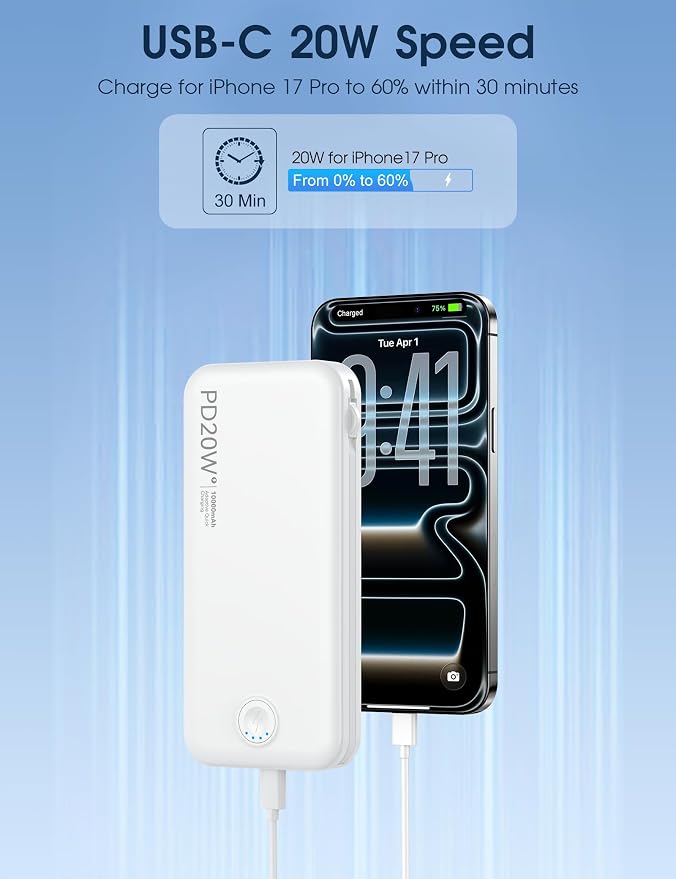 Nusyddy Portable Charger 10000mAh PD20W w/Built-in Cables & Wall Plug White | PD20W Fast Charging, Battery Indicator, Pass Through Charging, TSA Approved, Compact/Slim, Power Bank for iPhone/iPad/Samsung