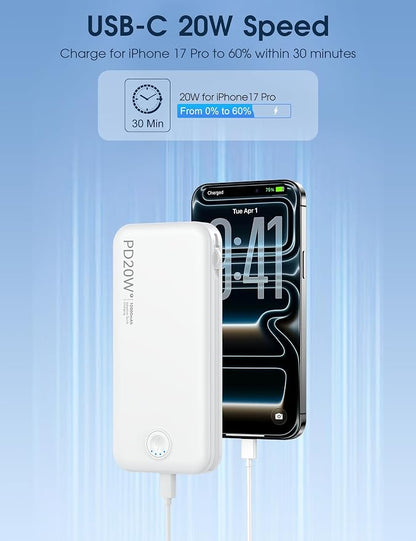 Nusyddy Portable Charger 10000mAh PD20W w/Built-in Cables & Wall Plug White | PD20W Fast Charging, Battery Indicator, Pass Through Charging, TSA Approved, Compact/Slim, Power Bank for iPhone/iPad/Samsung