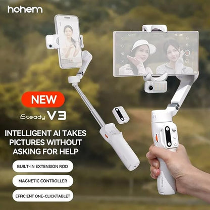 Hohem iSteady V3 Gimbal Stabilizer, Magnetic AI Tracking, Removable Remote, 3-Axis Smartphone Gimbal with Built-in Telescopic Rod and Tripod, Perfect for Content Creators (White)