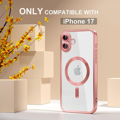 Misea Magnetic for iPhone 17 Case Compatible with MagSafe [Never Yellowing] [Military Grade Drop Protection] Full Camera Lens Protector Plating Soft Clear Phone Case for Women, Pink