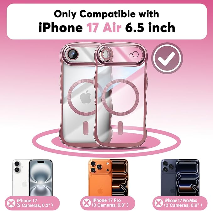 Misscase for iPhone Air Case with Privacy Screen Protector,Compatible with MagSafe,Cute Wave Frame Anti-Scratch Case with Camera Lens Protector Plating Bling Case for iPhone 17 Air Pink