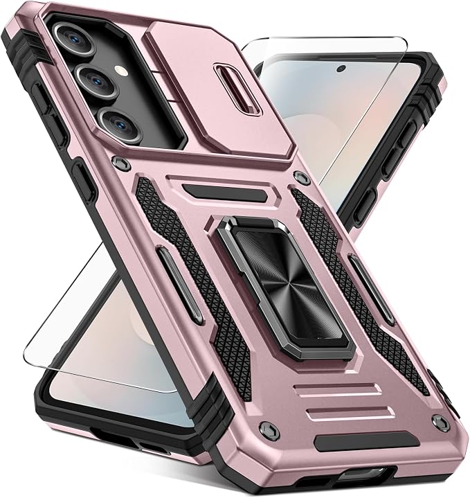 Caka for Samsung Galaxy S25 FE Case [HD Screen Protector] [Full Camera Lens Cover] [360°Rotated Kickstand Ring] [Heavy Duty Protection] Hard Rugged Protective Phone Cover for S25 FE - Rose Gold