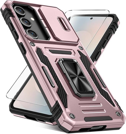 Caka for Samsung Galaxy S25 FE Case [HD Screen Protector] [Full Camera Lens Cover] [360°Rotated Kickstand Ring] [Heavy Duty Protection] Hard Rugged Protective Phone Cover for S25 FE - Rose Gold