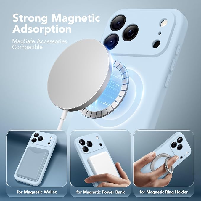 Magnetic for iPhone 17 Pro Case, Compatible with MagSafe, [Full Camera Protection][Screen Protector] Silicone Shockproof Protective Phone Case for iPhone 17 Pro 6.3", Light Blue