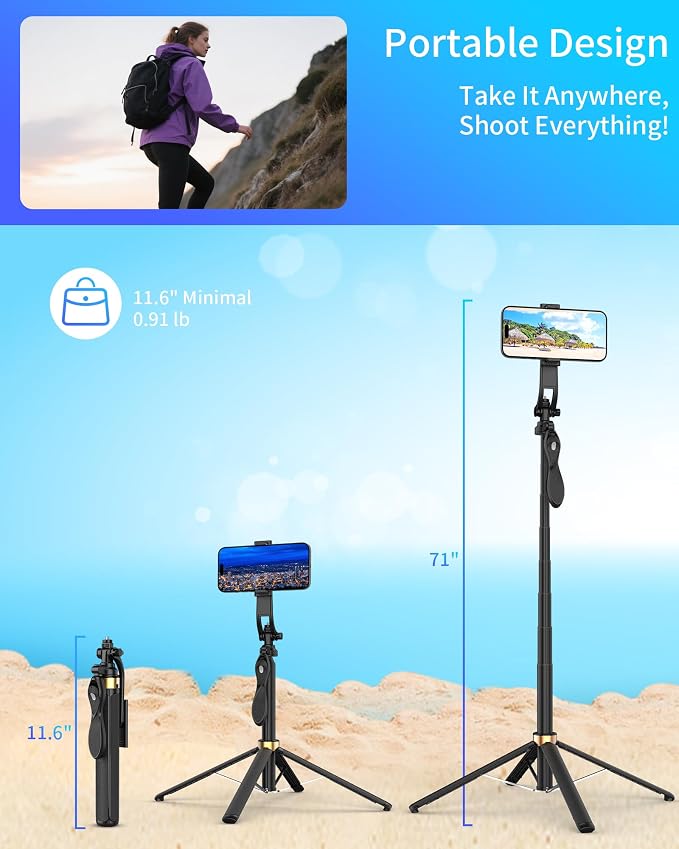 Selfie Stick Quadpod, 71" Phone Stand,Cell Phone Tripod with Wireless Remote, iPhone Quadpod Stand,Selfie Stick Tripod for iPhone Compatible with All Cell Phones,Camera