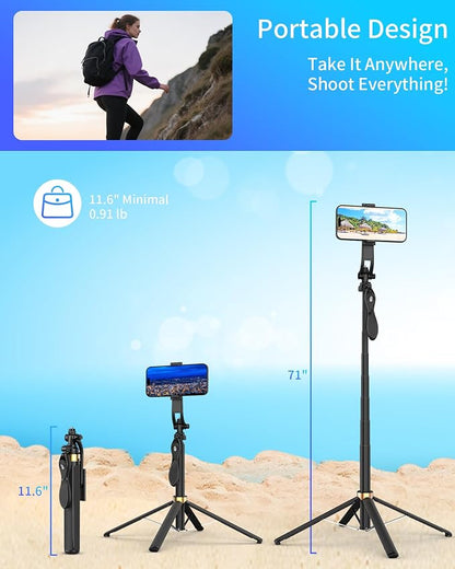 Selfie Stick Quadpod, 71" Phone Stand,Cell Phone Tripod with Wireless Remote, iPhone Quadpod Stand,Selfie Stick Tripod for iPhone Compatible with All Cell Phones,Camera