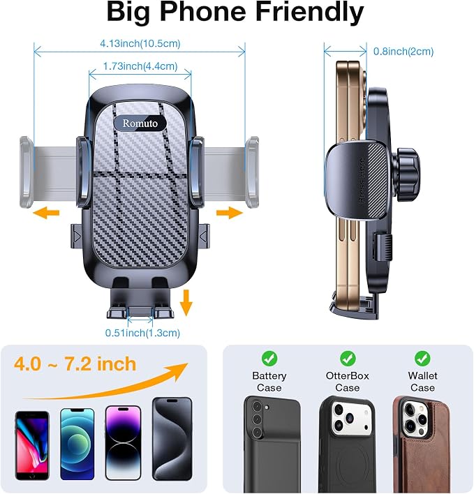 Romuto Phone Holders for Your Car Phone Holder Mount【Super Suction】Cell Phone Mount for Car Accessories for Women Men Windshield/Vent/Dash Truck Stand Desk Mount Clamp Holder for iPhone Samsung Camera