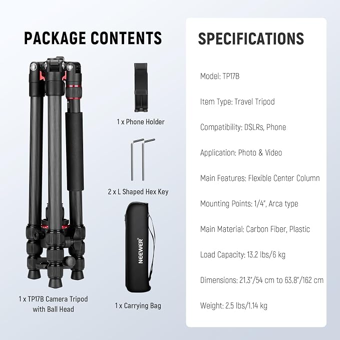 NEEWER Basics Carbon Fiber Travel Tripod Monopod, 64" Compact Lightweight Portable Camera Cell Phone Holder Stand Compatible with iPhone Video Recording, Arca Type Ball Head, Max Load 13.2 lbs, TP17B