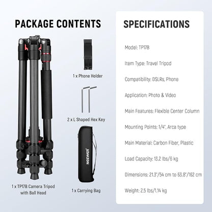 NEEWER Basics Carbon Fiber Travel Tripod Monopod, 64" Compact Lightweight Portable Camera Cell Phone Holder Stand Compatible with iPhone Video Recording, Arca Type Ball Head, Max Load 13.2 lbs, TP17B
