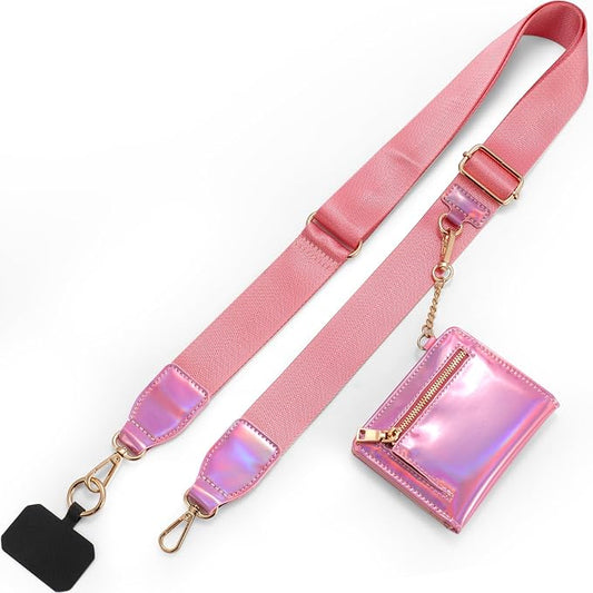 Diaclara Clip and Go Phone Strap with Zipper Pouch- Stylish Crossbody Adjustable Chain Lanyard with Leather Wallet for All Phones, Bright Pink
