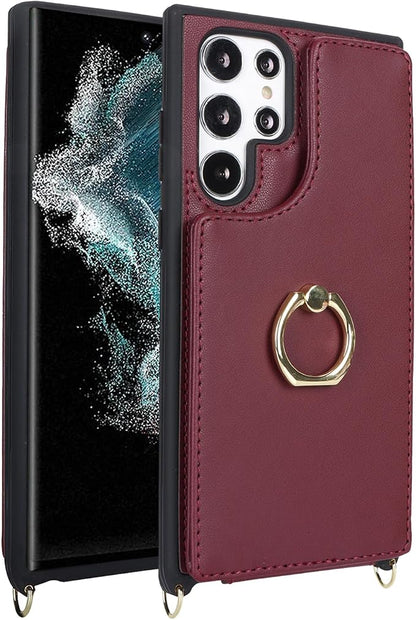 Lipvina for Samsung Galaxy S22 Ultra Case with Card Holder and Strap for Women,Crossbody Lanyard,RFID Blocking,Stand Ring Kickstand,Snap Clasp,Phone Wallet Cases 6.8 inch(Wine Red)