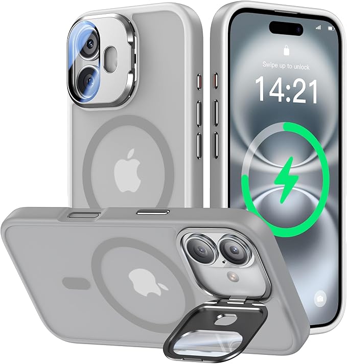 [Upgraded] for iPhone 16 Case with Camera Cover Stand [Fit for MagSafe][9H Camera Lens Protector] Mil-Grade Protection Translucent Matte Silicone Magnetic iPhone 16 Phone Case, Grey