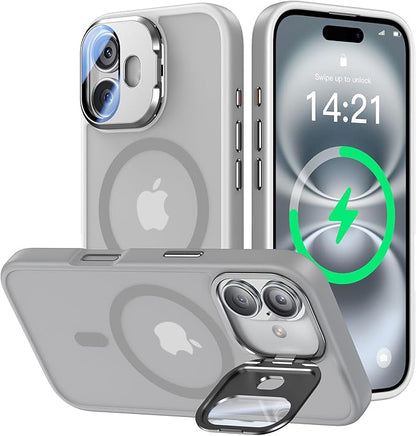 [Upgraded] for iPhone 16 Case with Camera Cover Stand [Fit for MagSafe][9H Camera Lens Protector] Mil-Grade Protection Translucent Matte Silicone Magnetic iPhone 16 Phone Case, Grey