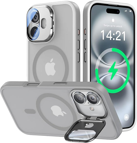 [Upgraded] for iPhone 16 Case with Camera Cover Stand [Fit for MagSafe][9H Camera Lens Protector] Mil-Grade Protection Translucent Matte Silicone Magnetic iPhone 16 Phone Case, Grey