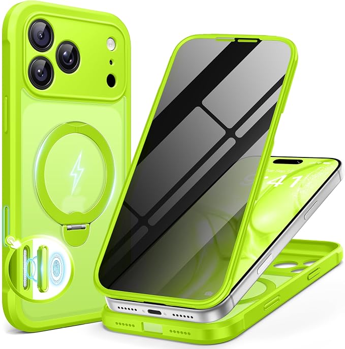 BERFY for iPhone 17 Pro Max Case, Compatible with MagSafe, Built in Privacy Screen Protector, Shockproof Full Body Phone Case for 17 Pro Max with Magnetic Stand, Translucent Bright Green