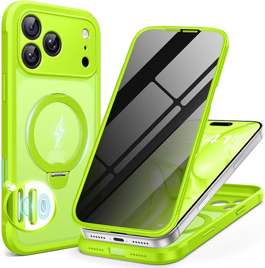 BERFY for iPhone 17 Pro Case, Compatible with MagSafe, Built in Privacy Screen Protector, Shockproof Full Body Phone Case for 17 Pro with Magnetic Stand, Translucent Bright Green