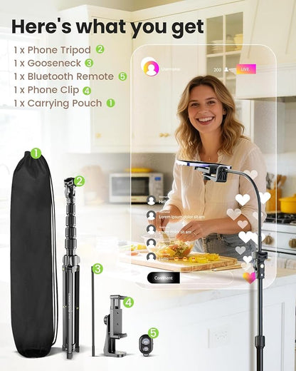 CAMBOFOTO 82" Phone Tripod Stand with Gooseneck, Remote and Phone Holder, Selfie Stick & Overhead Tripod for Recording/Cooking/Fitness/Vlog, Compatible with iPhone Android Samsung, Camera