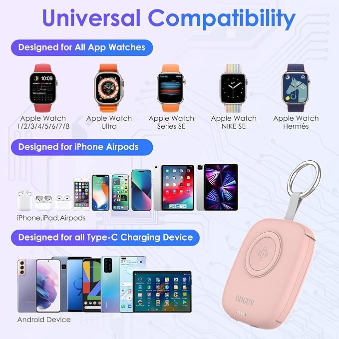 Small Portable Charger 5000mAh,iWatch Wireless Charger Mini Power Bank with Built-in Cable,Travel Keychain Charger for Apple Watch 11/10/9/8/Ultra/7/6/Se/5/4,iPhone 17/16/15/14/13/12,Android Phone