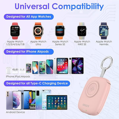 Small Portable Charger 5000mAh,iWatch Wireless Charger Mini Power Bank with Built-in Cable,Travel Keychain Charger for Apple Watch 11/10/9/8/Ultra/7/6/Se/5/4,iPhone 17/16/15/14/13/12,Android Phone