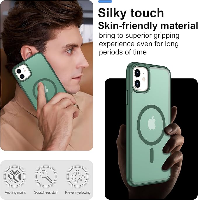 Pilaru for iPhone 11 Case & iPhone XR Case [Compatible with Magsafe] Translucent Matte Magnetic Case with Screen Protector,SlimThin Shockproof Protective Cover for iPhone 11 & iPhone XR-Dark Green