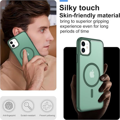 Pilaru for iPhone 11 Case & iPhone XR Case [Compatible with Magsafe] Translucent Matte Magnetic Case with Screen Protector,SlimThin Shockproof Protective Cover for iPhone 11 & iPhone XR-Dark Green