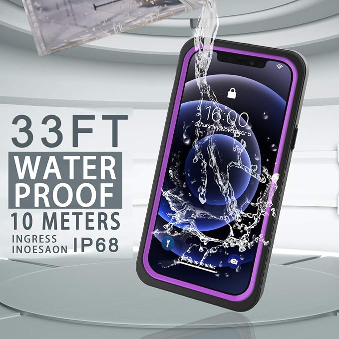 Diverbox for iPhone 12 Waterproof Case,Waterproof Shockproof Dustproof IP68 Full-Body Hard Case Built-in Screen Protector Underwater Outdoor Waterproof Cover for iPhone 12,6.1 in (Purple)