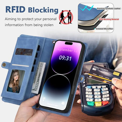 Wallet Case for iPhone 14 Pro with Card Holder/Crossbody Wallet/Strap| RFID Blocking | Magnetic | Kickstand | Detachable | PU Leather Phone Case for iPhone 14 Pro,6.1 in,Sky Blue