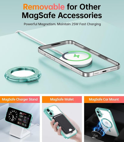 Meifigno Magnetic Case with Removable Phone Ring Stand for iPhone 16 Plus, [Glitter Card & Wrist Strap] [MagSafe Compatible] [Built in Mirror] Magnetic Phone Ring Holder + 16 Plus Case Kit, Teal
