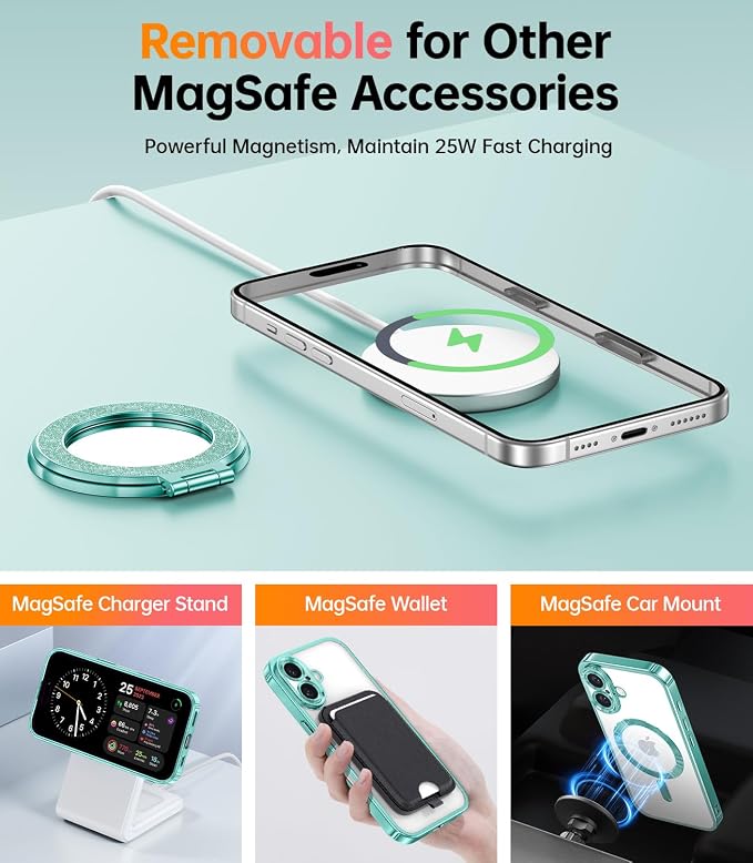Meifigno Magnetic Case with Removable Phone Ring Stand for iPhone 16 6.1", [Glitter Card & Wrist Strap] [MagSafe Compatible] [Built in Mirror] Magnetic Phone Ring Holder + 16 Case Kit, Teal