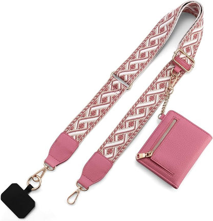 Diaclara Clip and Go Phone Strap with Zipper Pouch- Stylish Crossbody Adjustable Chain Lanyard with Leather Wallet for All Phones, Pink