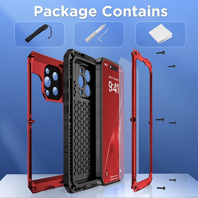 Mitywah Waterproof Case for iPhone 16 Pro Max, Heavy Duty Metal Cover with Built-in Screen Protector, Military Grade Full Body Shockproof Rugged Protective Phone Case 6.9 inch, Red