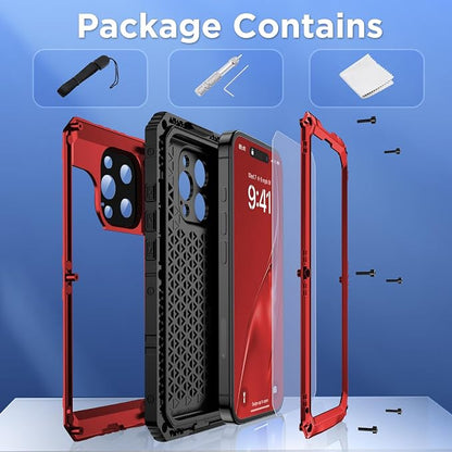 Mitywah Waterproof Case for iPhone 16 Pro Max, Heavy Duty Metal Cover with Built-in Screen Protector, Military Grade Full Body Shockproof Rugged Protective Phone Case 6.9 inch, Red