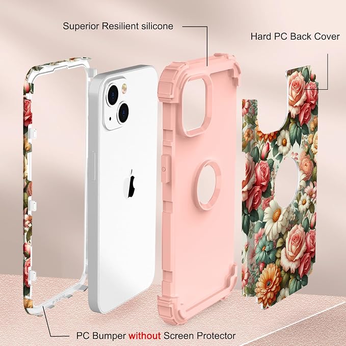 Hocase for iPhone 15 Case, Heavy Duty Shockproof Protection Soft Silicone Rubber Bumper+Hard Plastic Hybrid Protective Case for iPhone 15 (6.1" Display) 2023 - Flower Garden