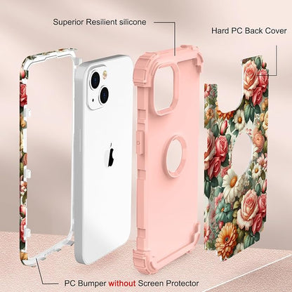 Hocase for iPhone 15 Case, Heavy Duty Shockproof Protection Soft Silicone Rubber Bumper+Hard Plastic Hybrid Protective Case for iPhone 15 (6.1" Display) 2023 - Flower Garden