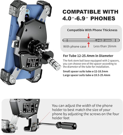 Kewig Motorcycle Fork Stem Phone Mount with Qi 15W Wireless Charger & USB C 20W Fast Charging Port, One-Push Automatically Lock & Quick Release Handlebar Phone Holder for 4.0-6.9" Phone