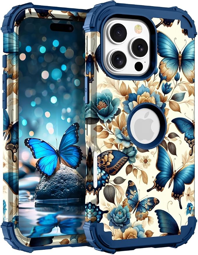 Hocase for iPhone 16 Pro Case 6.3", Heavy Duty Shockproof Protection Soft Silicone Rubber+Hard Plastic Bumpers Hybrid Protective Case for iPhone 16 Pro 2024 - Blue Butterflies