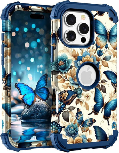Hocase for iPhone 16 Pro Case 6.3", Heavy Duty Shockproof Protection Soft Silicone Rubber+Hard Plastic Bumpers Hybrid Protective Case for iPhone 16 Pro 2024 - Blue Butterflies