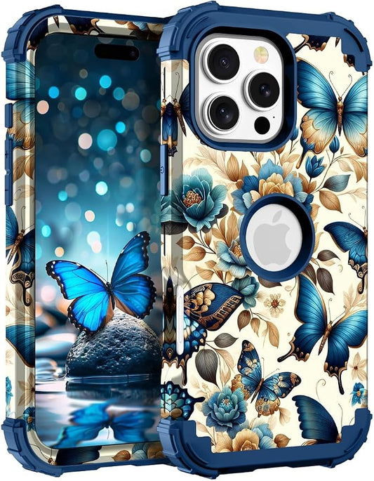 Hocase for iPhone 16 Pro Case 6.3", Heavy Duty Shockproof Protection Soft Silicone Rubber+Hard Plastic Bumpers Hybrid Protective Case for iPhone 16 Pro 2024 - Blue Butterflies