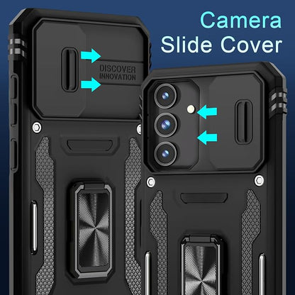 DEERLAMN Case for Samsung Galaxy S24 FE 6.7-Inch with Slide Camera Cover+Screen Protector(1 Pack), Rotated Ring Kickstand Military Grade Shockproof Protective Cover-Black