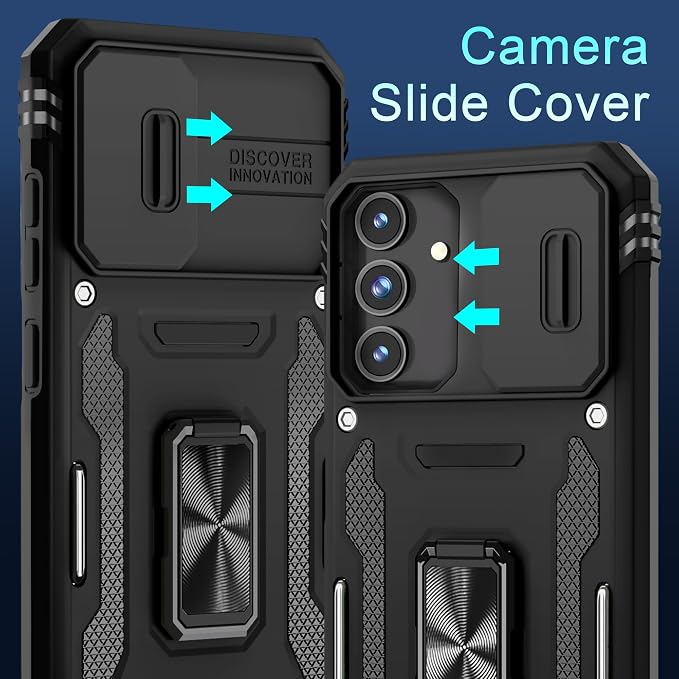 DEERLAMN Case for Samsung Galaxy S25 6.2-Inch with Slide Camera Cover+Screen Protector (1 Pack), Rotated Ring Kickstand Military Grade Shockproof Protective Cover-Black