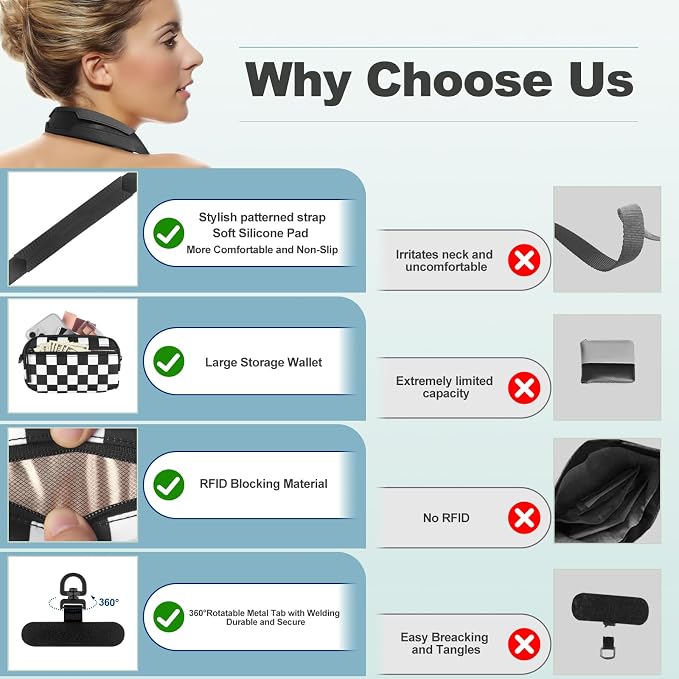 YFWE Clip and Go Strap for Phone with Wallet Crossbody, Adjustable Phone Lanyard with Detachable RFID Wristlet Wallet, Phone Strap with Phone Tabs for All Phones, Black Checkered (L)